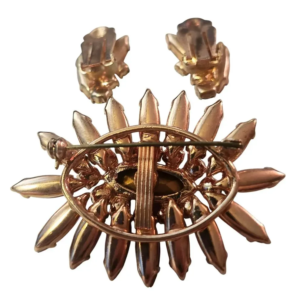 Vintage Austrian Pink Navette Rhinestone Demi Parure Brooch Clip Earrings